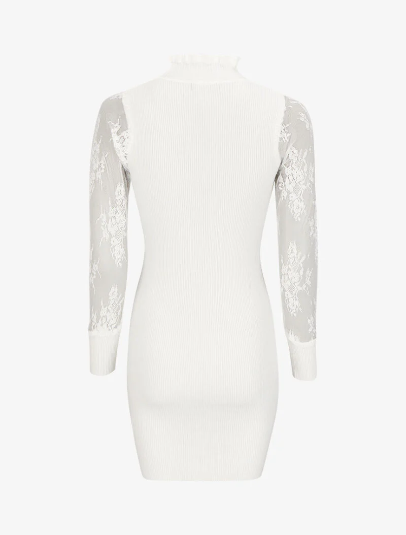 Robe pull côtelée à col volanté et manches en dentelle - Blanc - Image 2