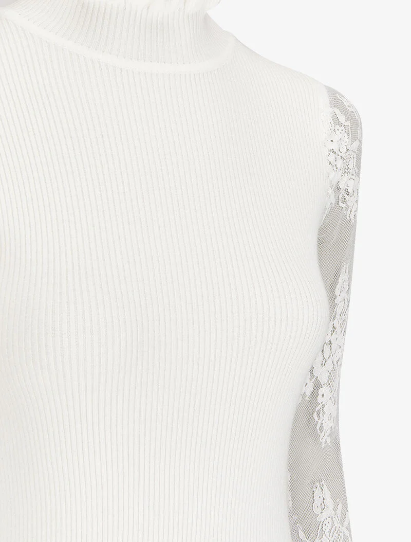 Robe pull côtelée à col volanté et manches en dentelle - Blanc - Image 3