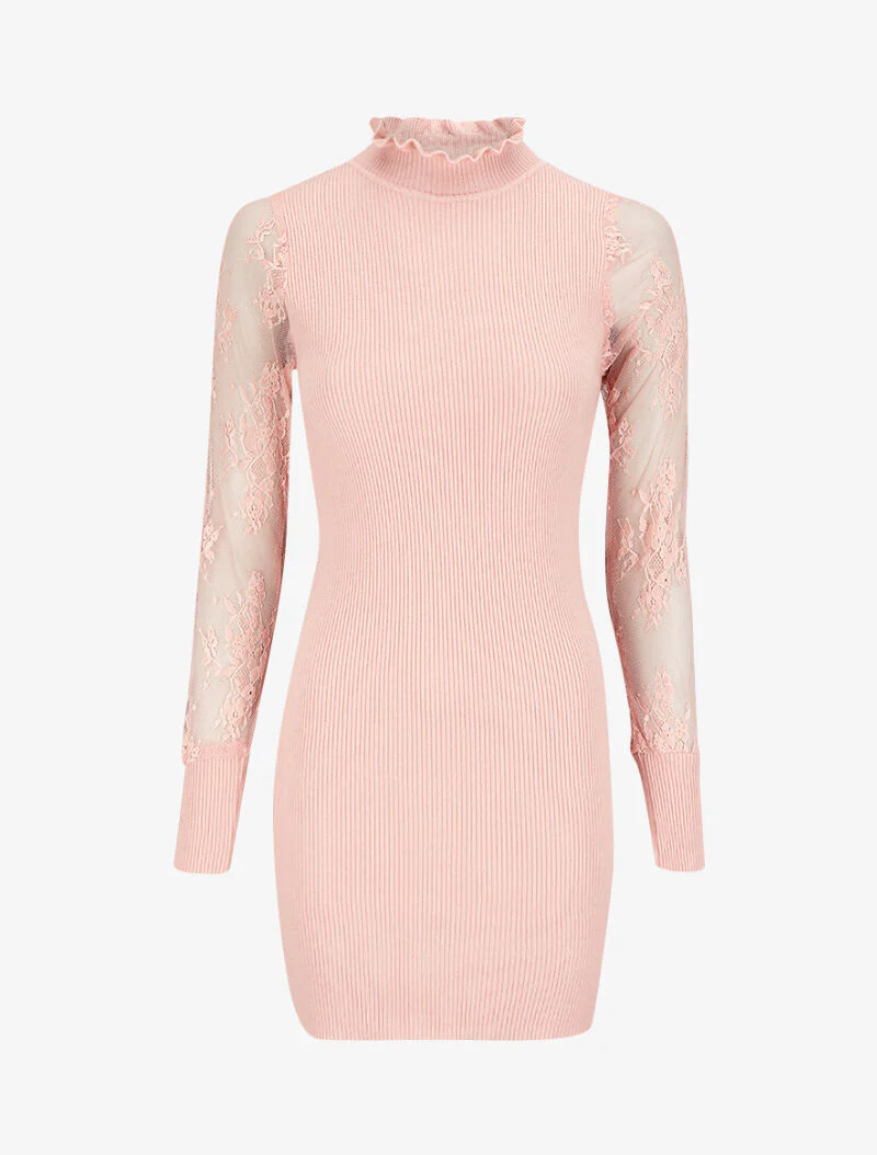 Robe pull côtelée à col volanté et manches en dentelle - Rose poudré