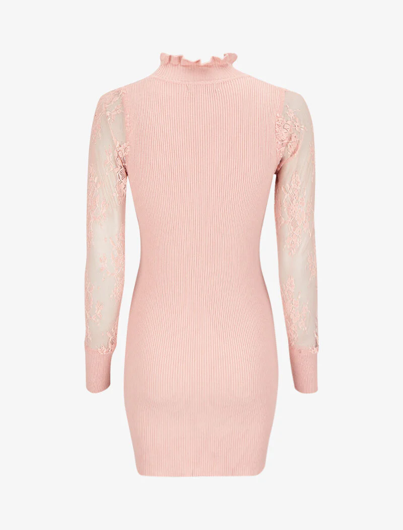 Robe pull côtelée à col volanté et manches en dentelle - Rose poudré - Image 2