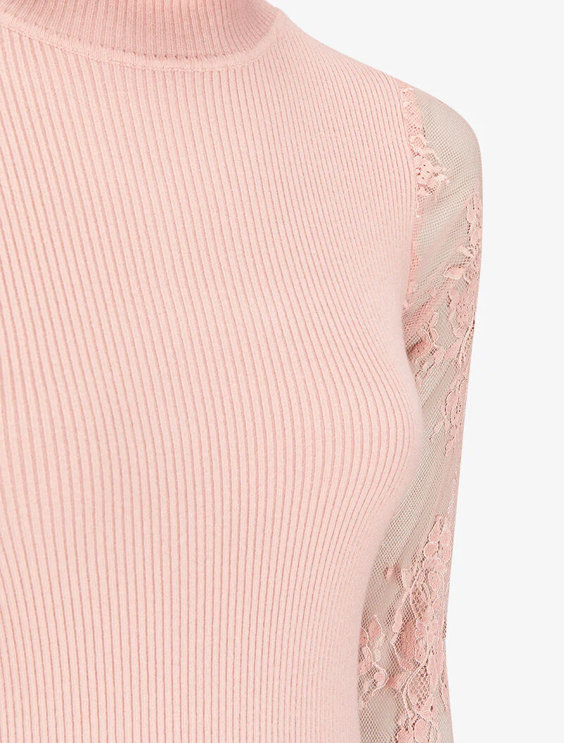 Robe pull côtelée à col volanté et manches en dentelle - Rose poudré - Image 3