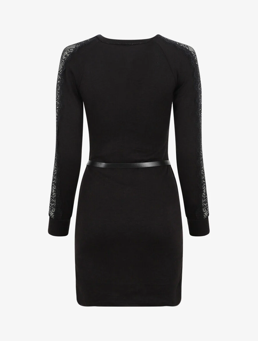Robe pull courte à manches dentelle - Noir - Image 2