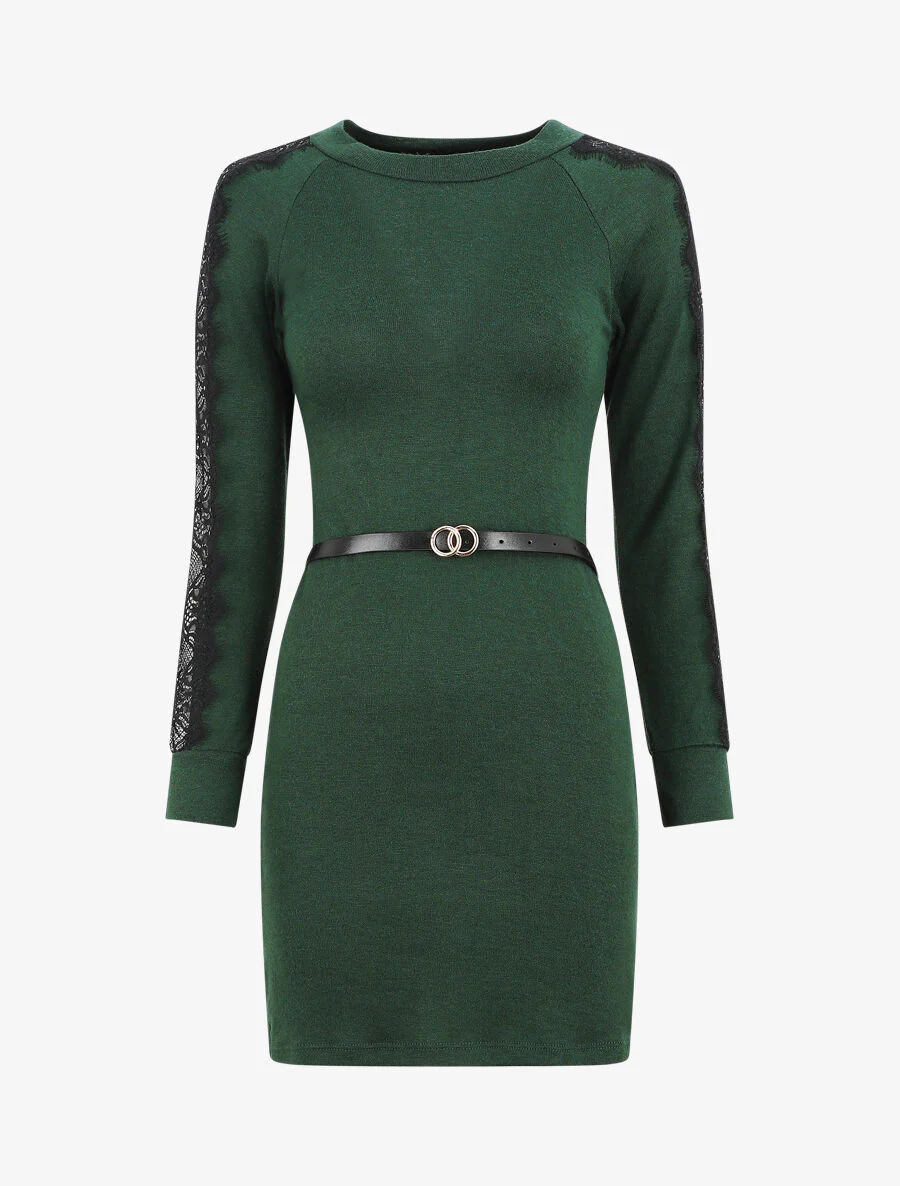 Robe pull courte à manches dentelle - Vert