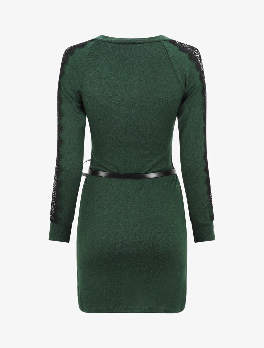 Robe pull courte à manches dentelle - Vert - Image 2