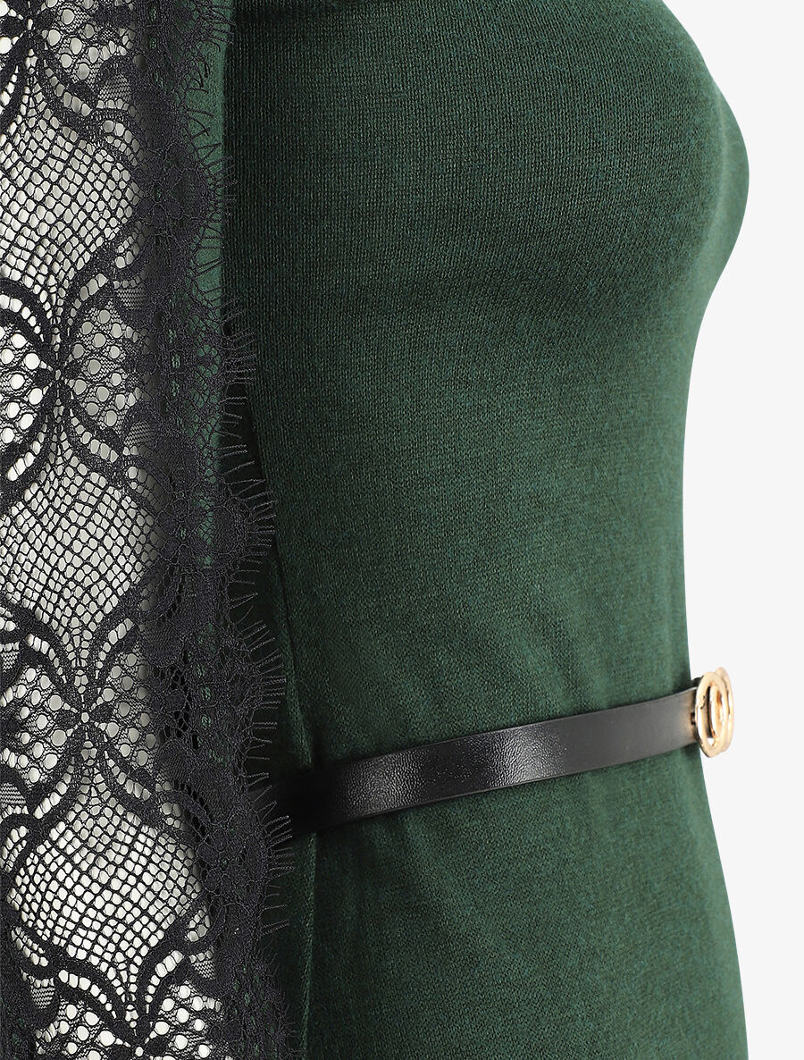 Robe pull courte à manches dentelle - Vert - Image 3