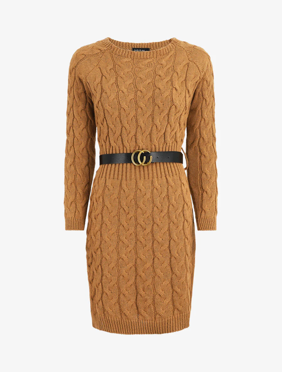 Robe pull courte effet tressé - Camel
