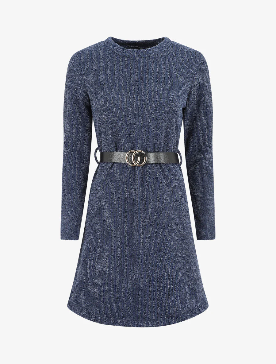 Robe pull droite à manches longues - Bleu foncé