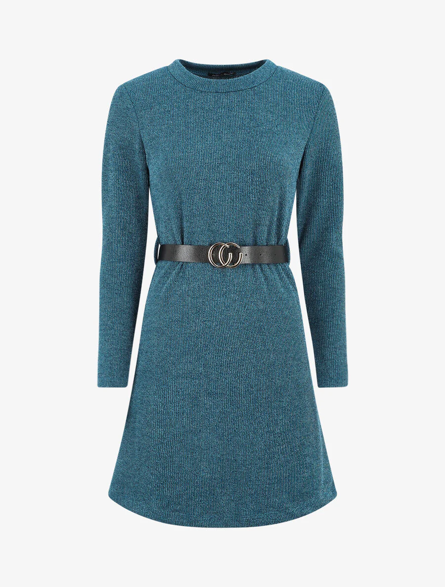 Robe pull droite à manches longues - Bleu canard