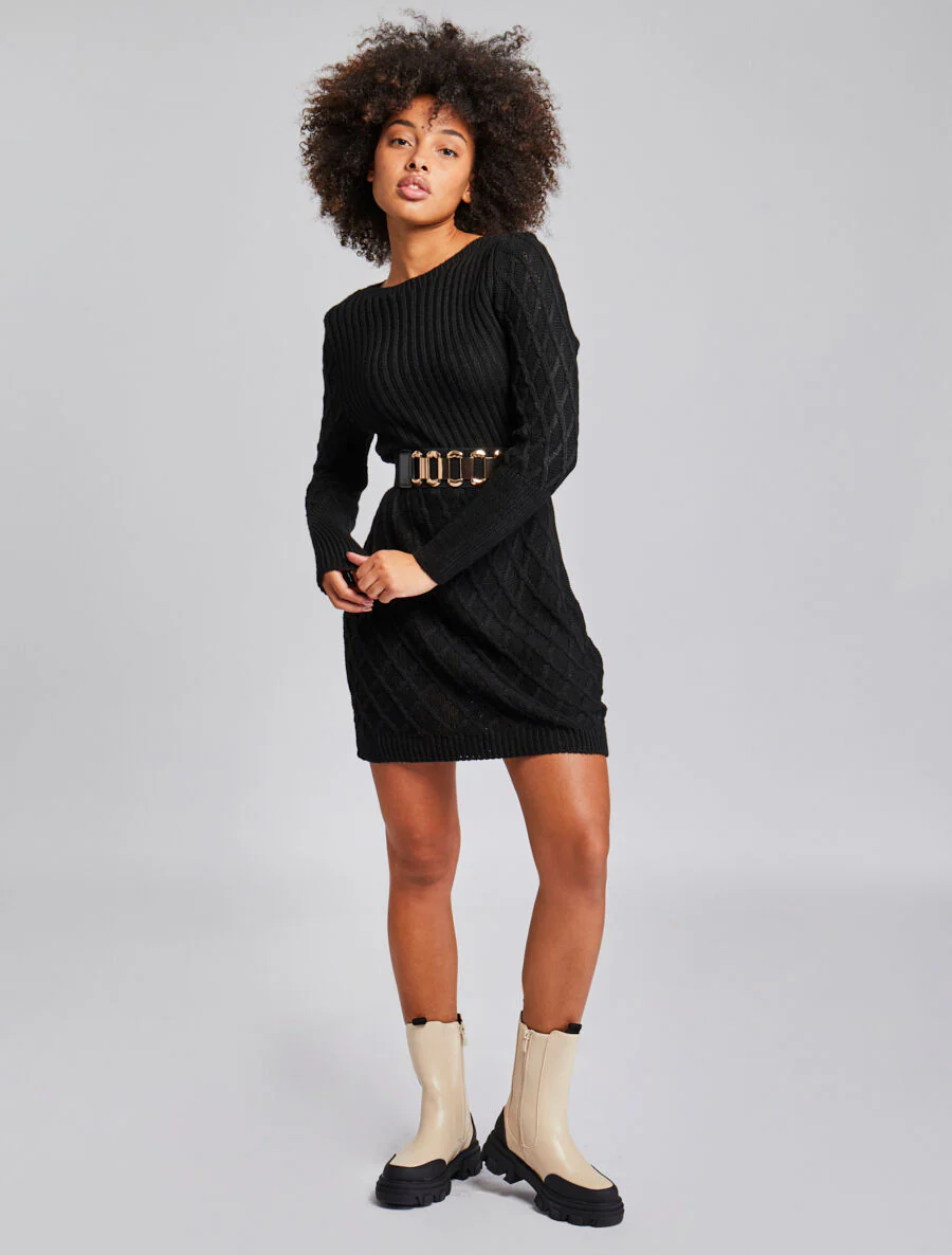 Robe pull en maille effet croisé - Noir - Image 7