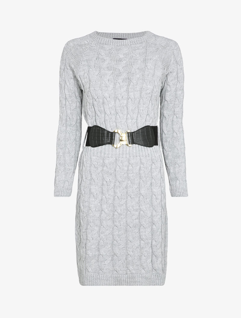 Robe pull en maille torsadée et taille côtelée - Gris chiné