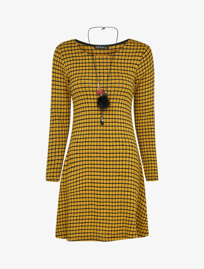 Robe pull évasée à carreaux et manches longues - Moutarde