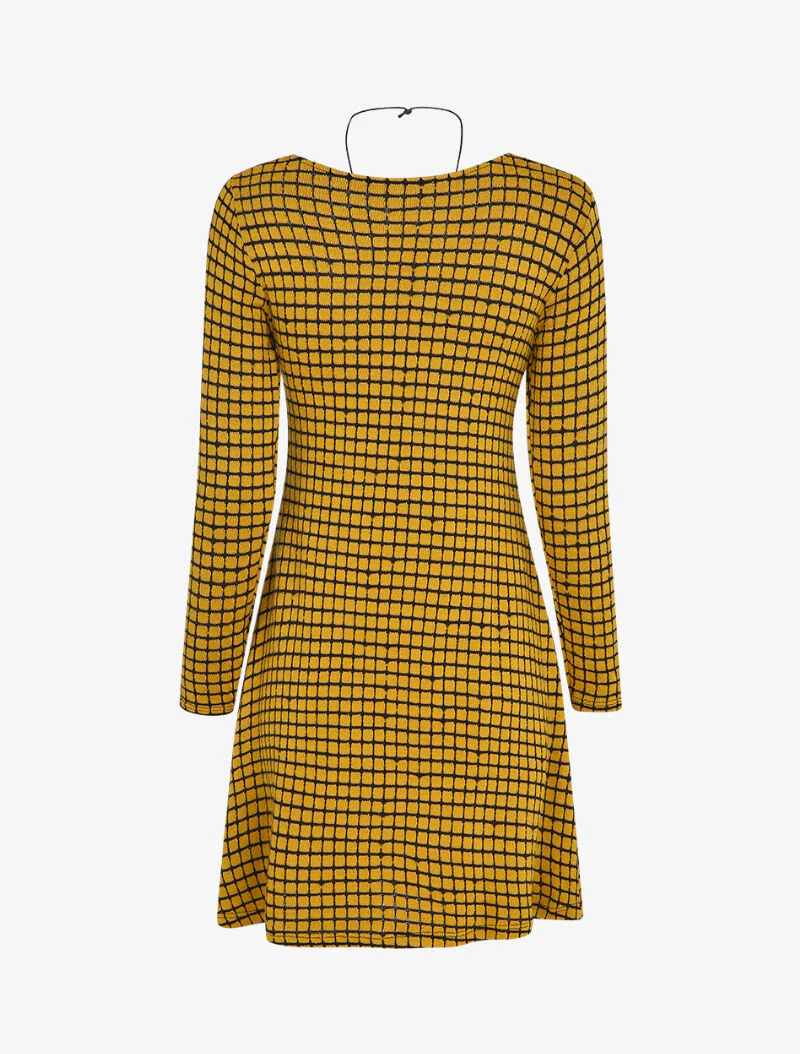 Robe pull évasée à carreaux et manches longues - Moutarde - Image 2
