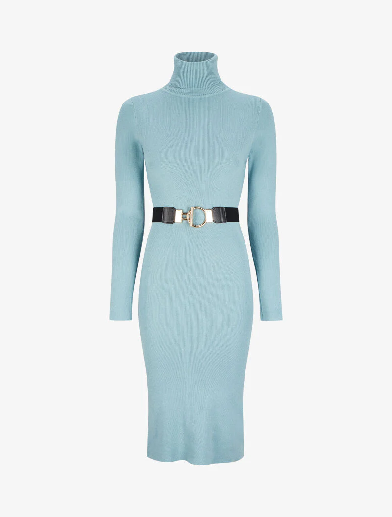 Robe pull longue à col roulé - Bleu ciel