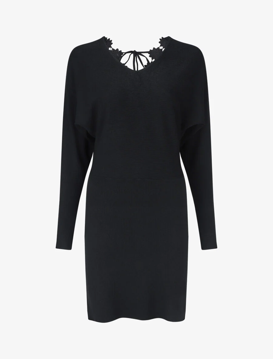 Robe pull mi-longue à broderies au dos - Noir