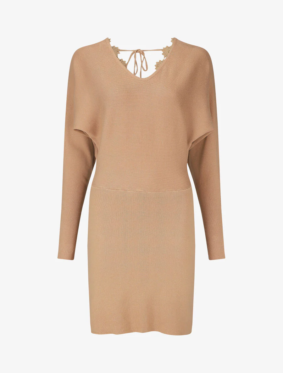 Robe pull mi-longue à broderies au dos - Camel