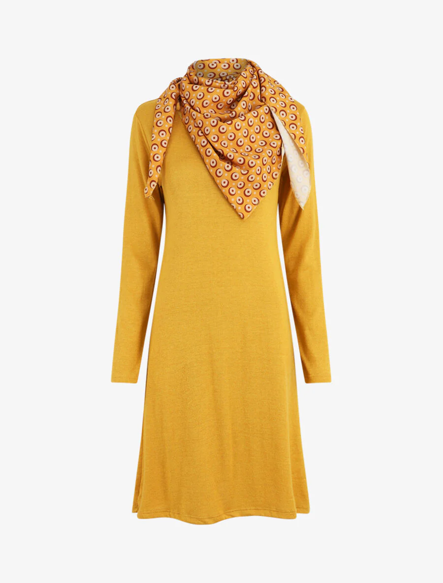 Robe pull mi-longue avec foulard - Moutarde