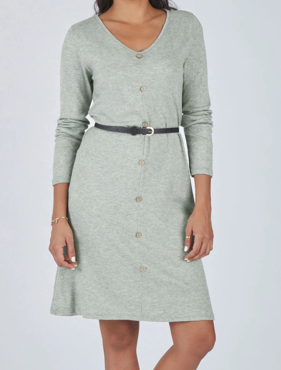 Robe pull mi-longue boutonnée - Vert olive - Image 4