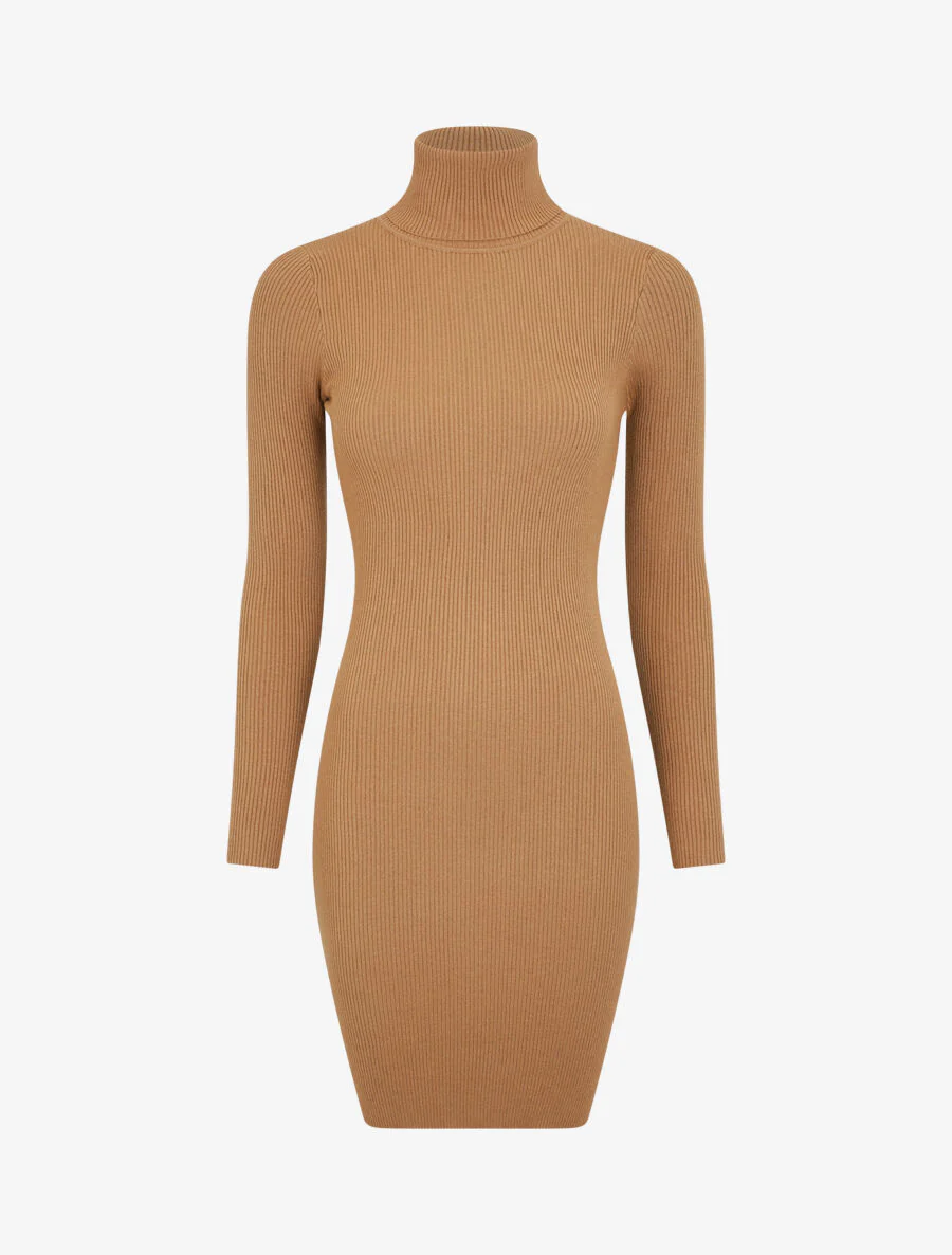 Robe pull uni à col roulé - Camel