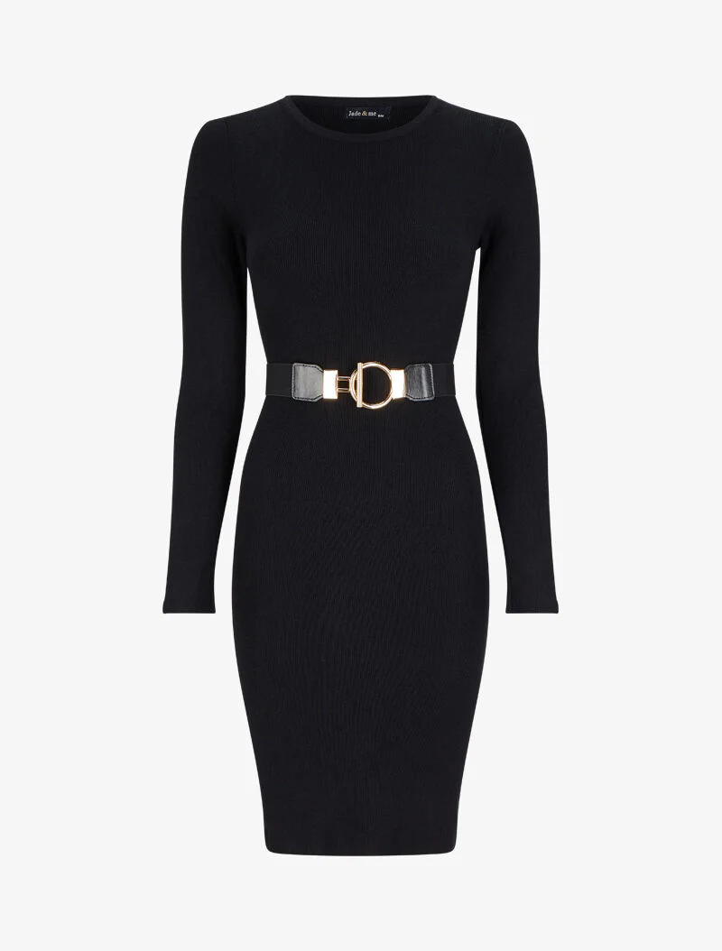 Robe pull unie à ceinture stylisée - Noir