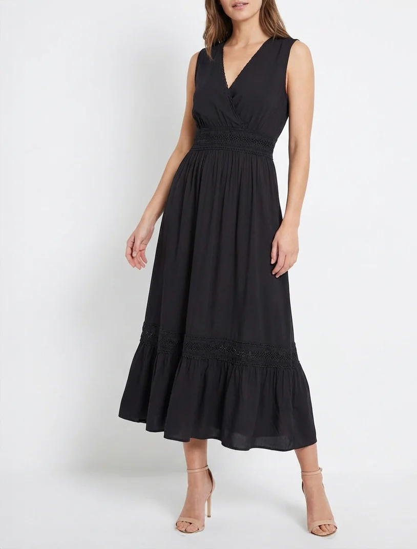 Robe sans manches à broderies - Noir - Image 4