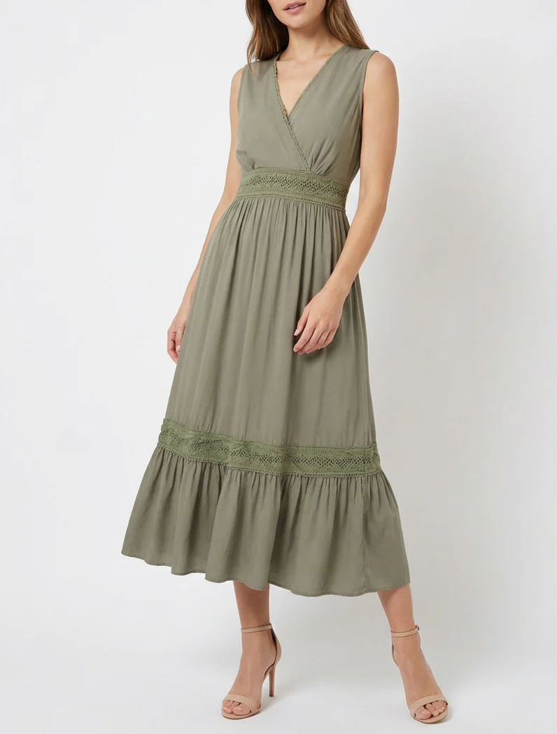 Robe sans manches à broderies - Kaki - Image 4