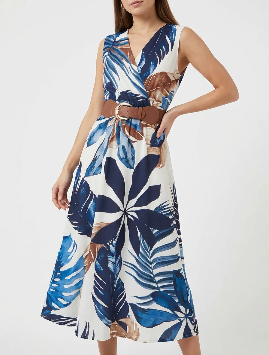 Robe sans manches imprimé feuillage - Marine - Image 4