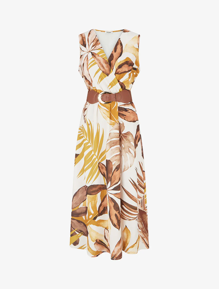 Robe sans manches imprimé feuillage - Jaune moutarde