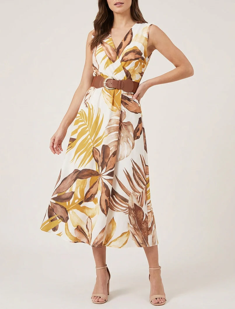 Robe sans manches imprimé feuillage - Jaune moutarde - Image 4