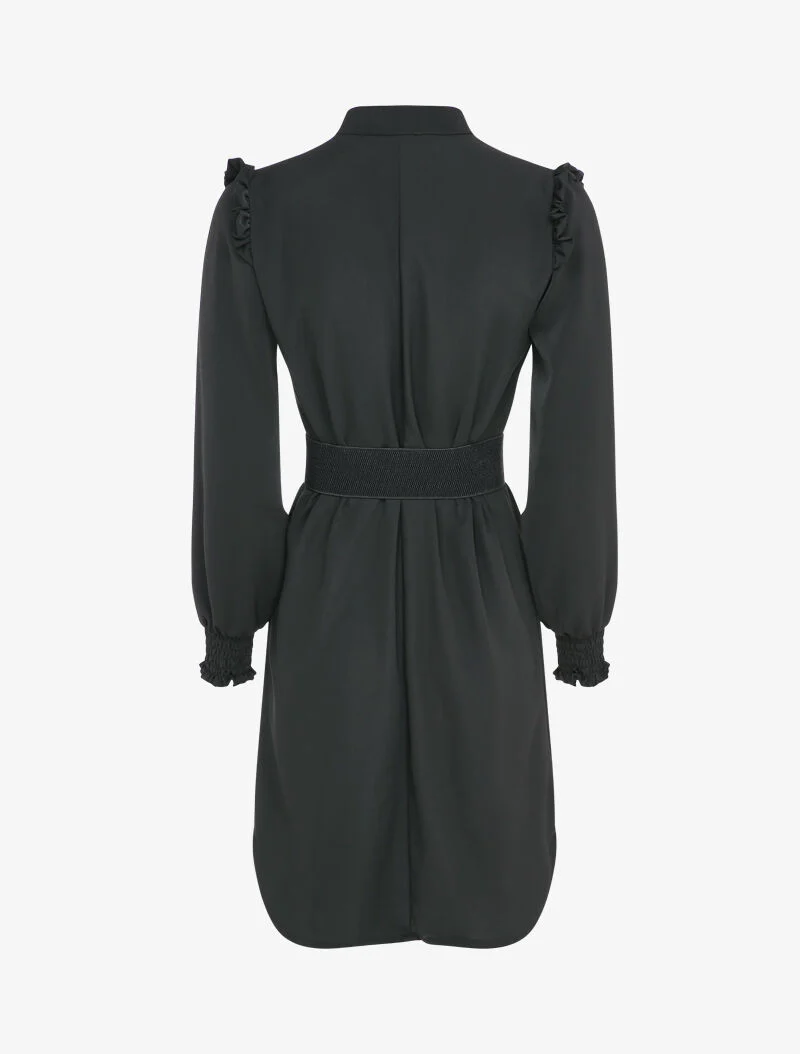 Robe satinée à épaules volantées et manches bouffantes - Noir - Image 2