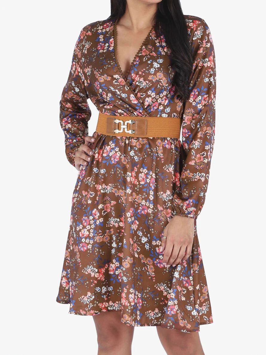 Robe satinée fleuri col cache-coeur - Marron - Image 4