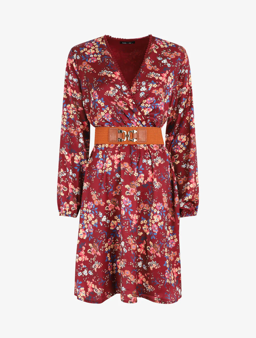 Robe satinée fleuri col cache-coeur - Bordeaux