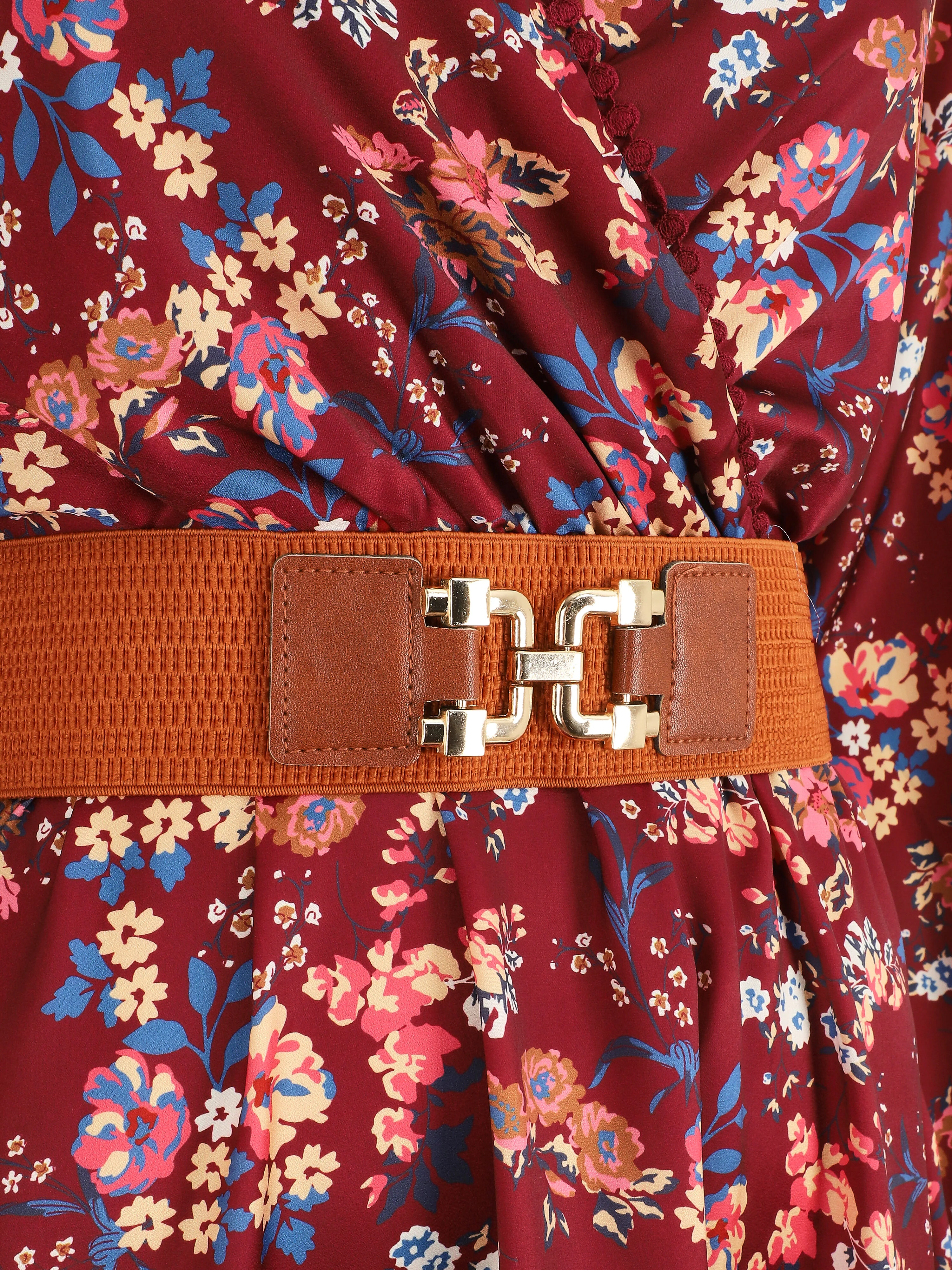 Robe satinée fleuri col cache-coeur - Bordeaux - Image 3
