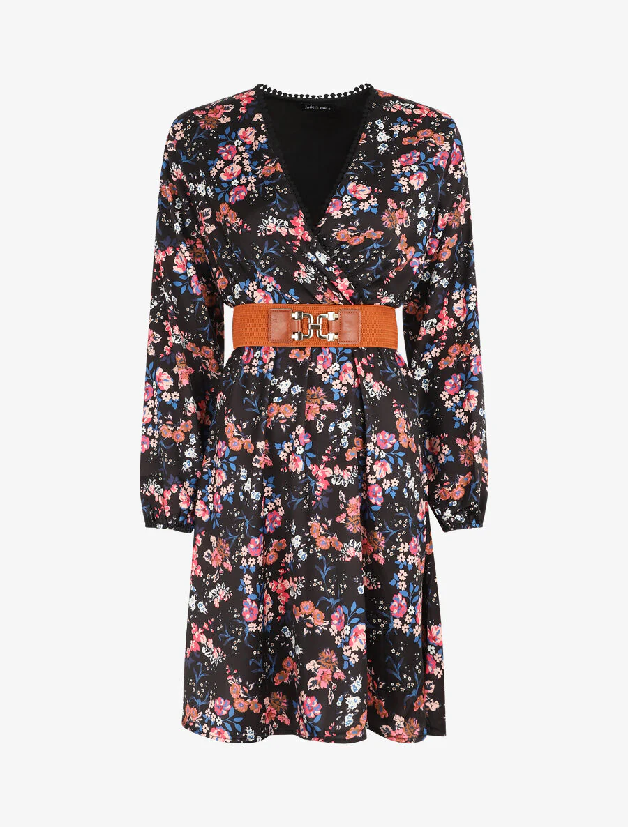 Robe satinée fleuri col cache-coeur - Noir