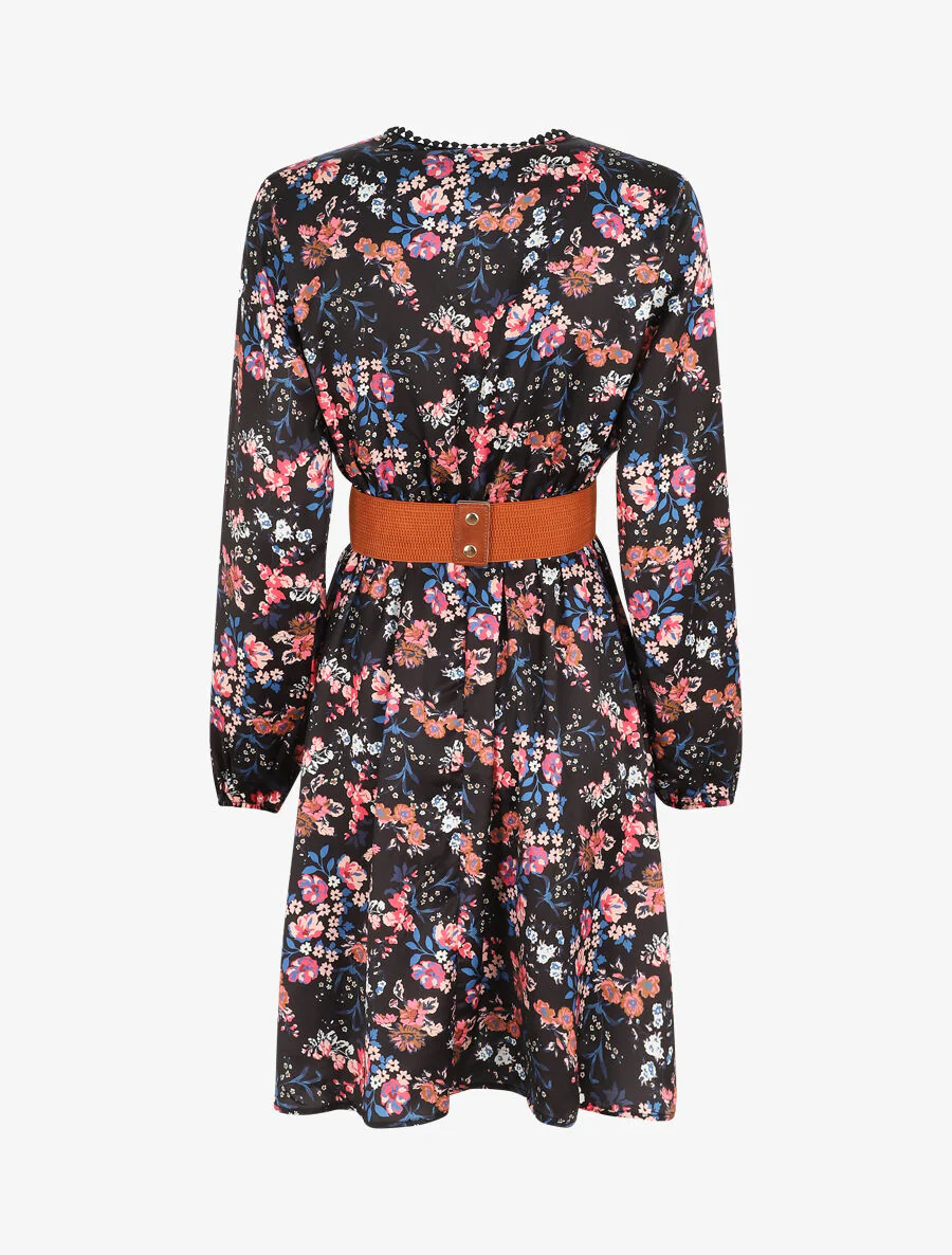 Robe satinée fleuri col cache-coeur - Noir - Image 2