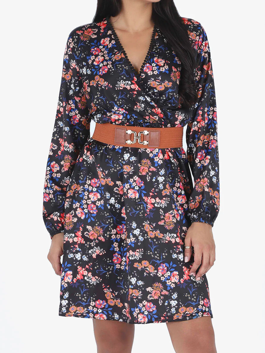 Robe satinée fleuri col cache-coeur - Noir - Image 4