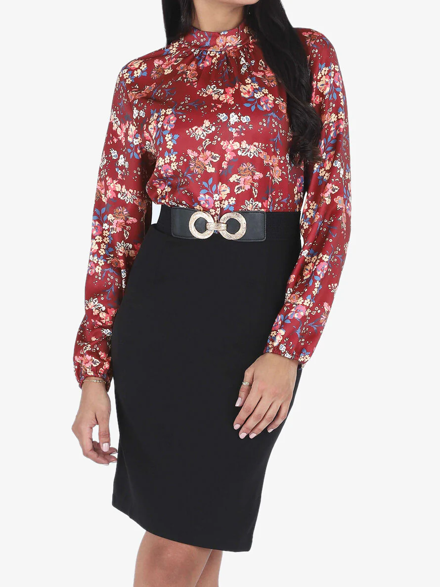 Robe satinée imprimé fleuri - Bordeaux
