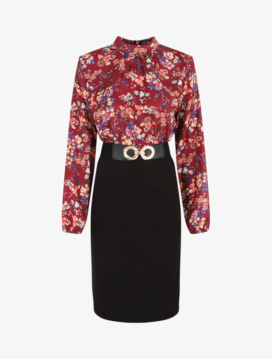 Robe satinée imprimé fleuri - Bordeaux - Image 2