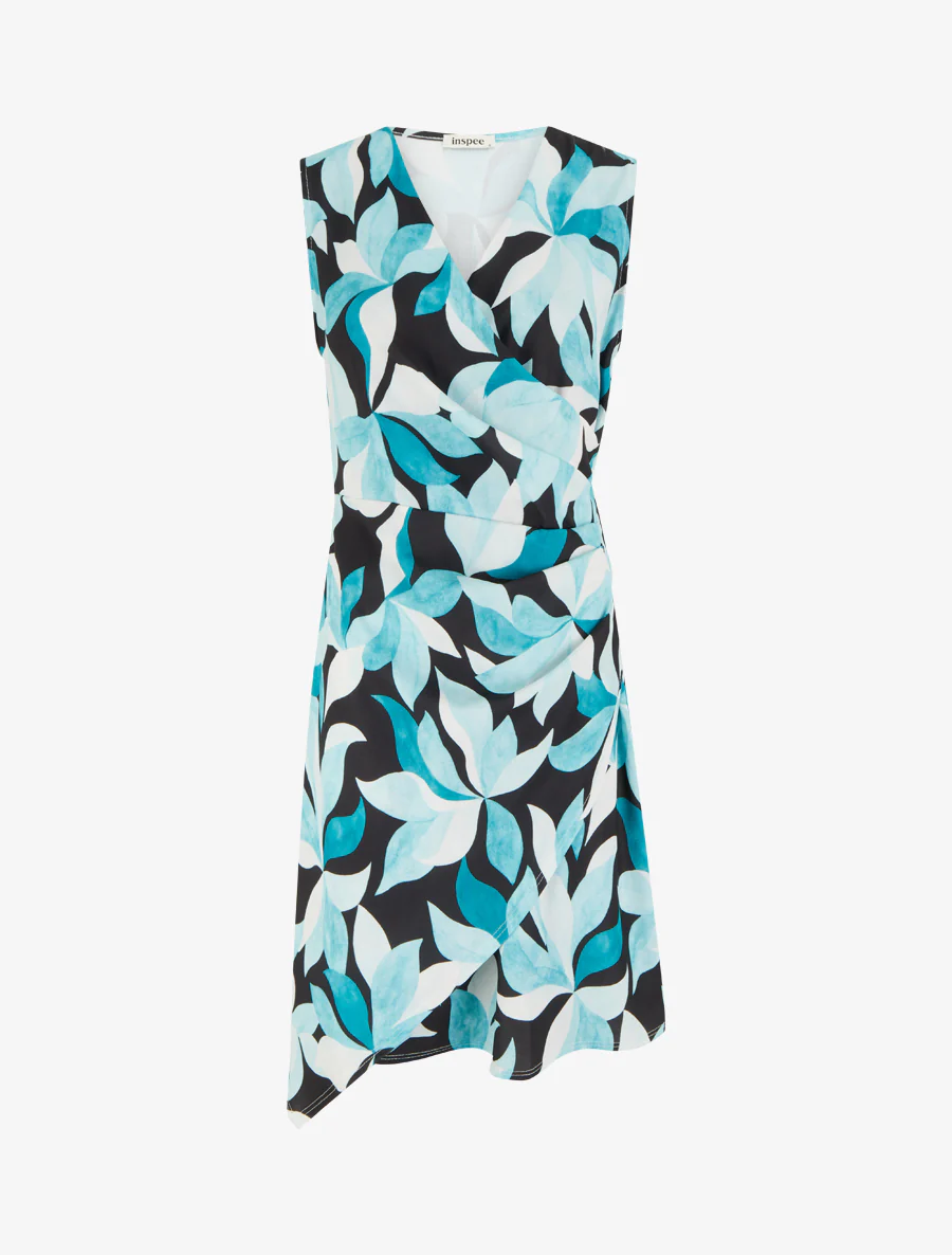 Robe style portefeuille sans manches imprimé feuillages - Turquoise