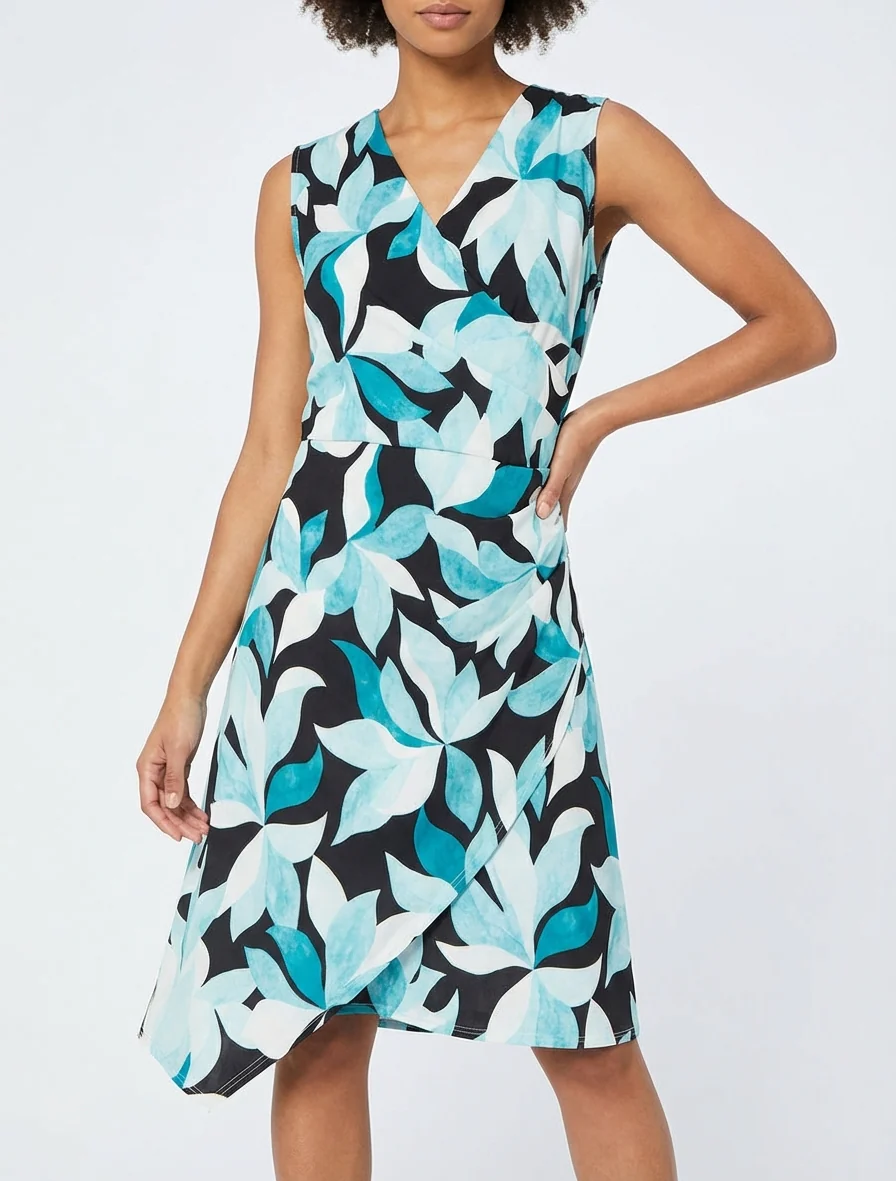 Robe style portefeuille sans manches imprimé feuillages - Turquoise - Image 4