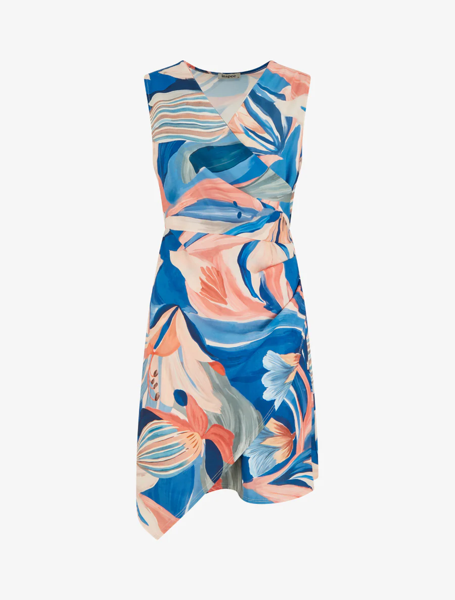 Robe style portefeuille sans manches imprimé fleurs de lys - Bleu foncé