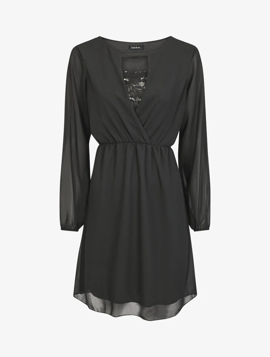 Robe taille élastiquée à détail dentelle - Noir