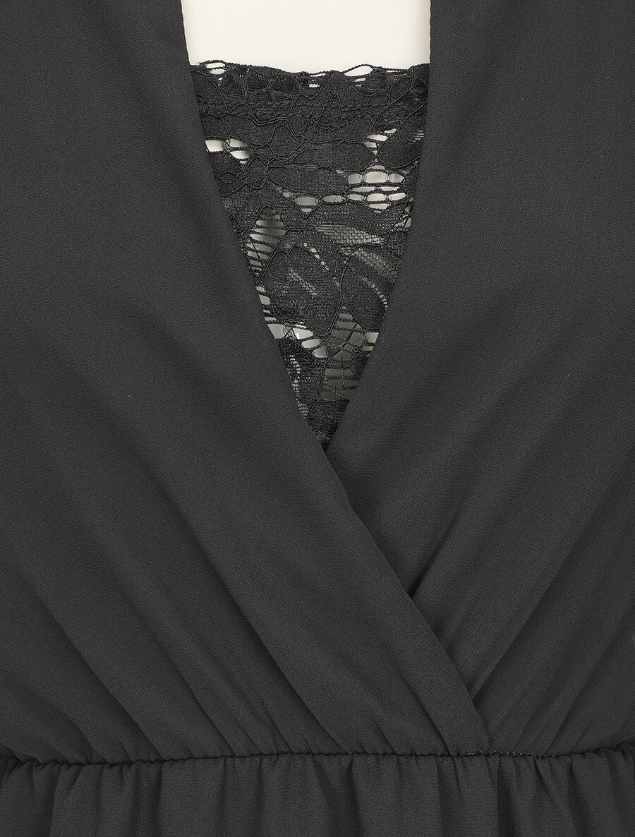 Robe taille élastiquée à détail dentelle - Noir - Image 3
