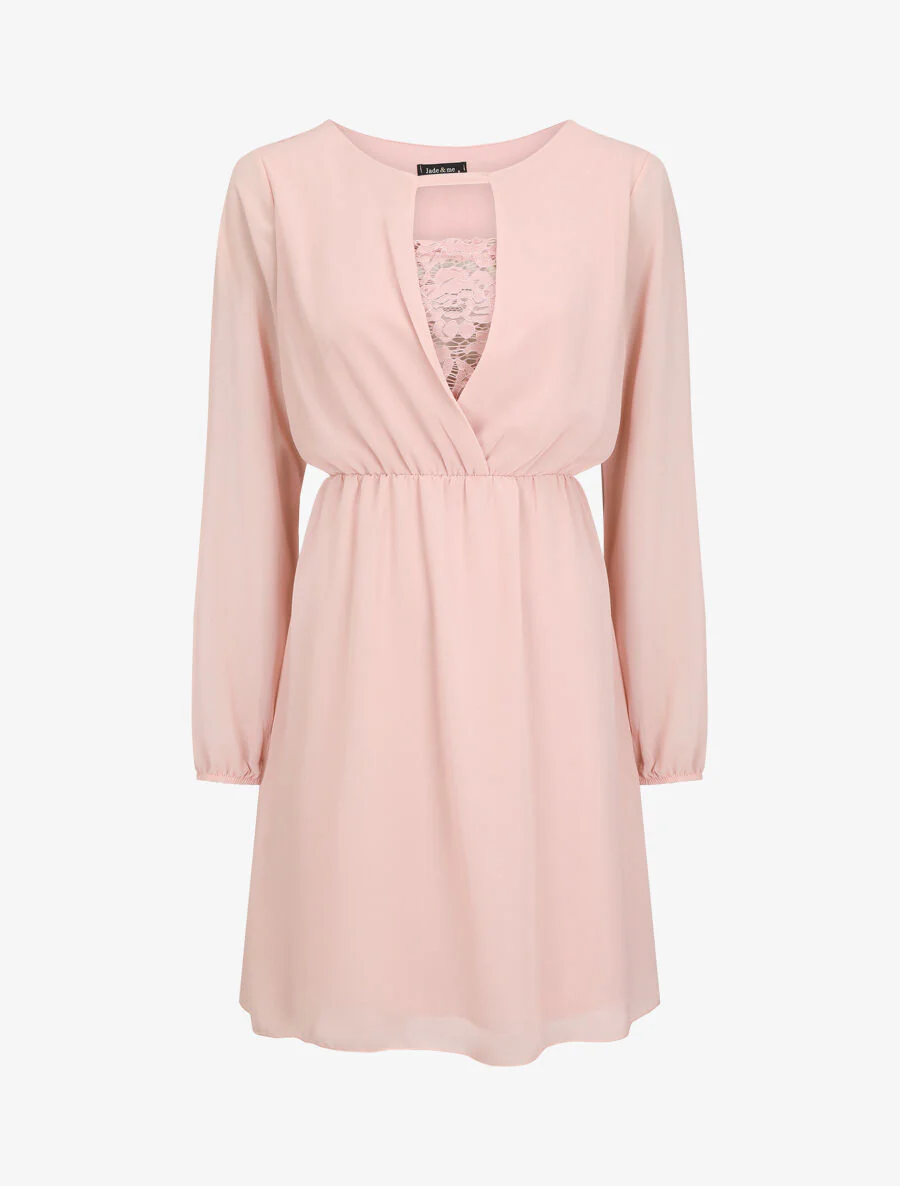 Robe taille élastiquée à détail dentelle - Rose