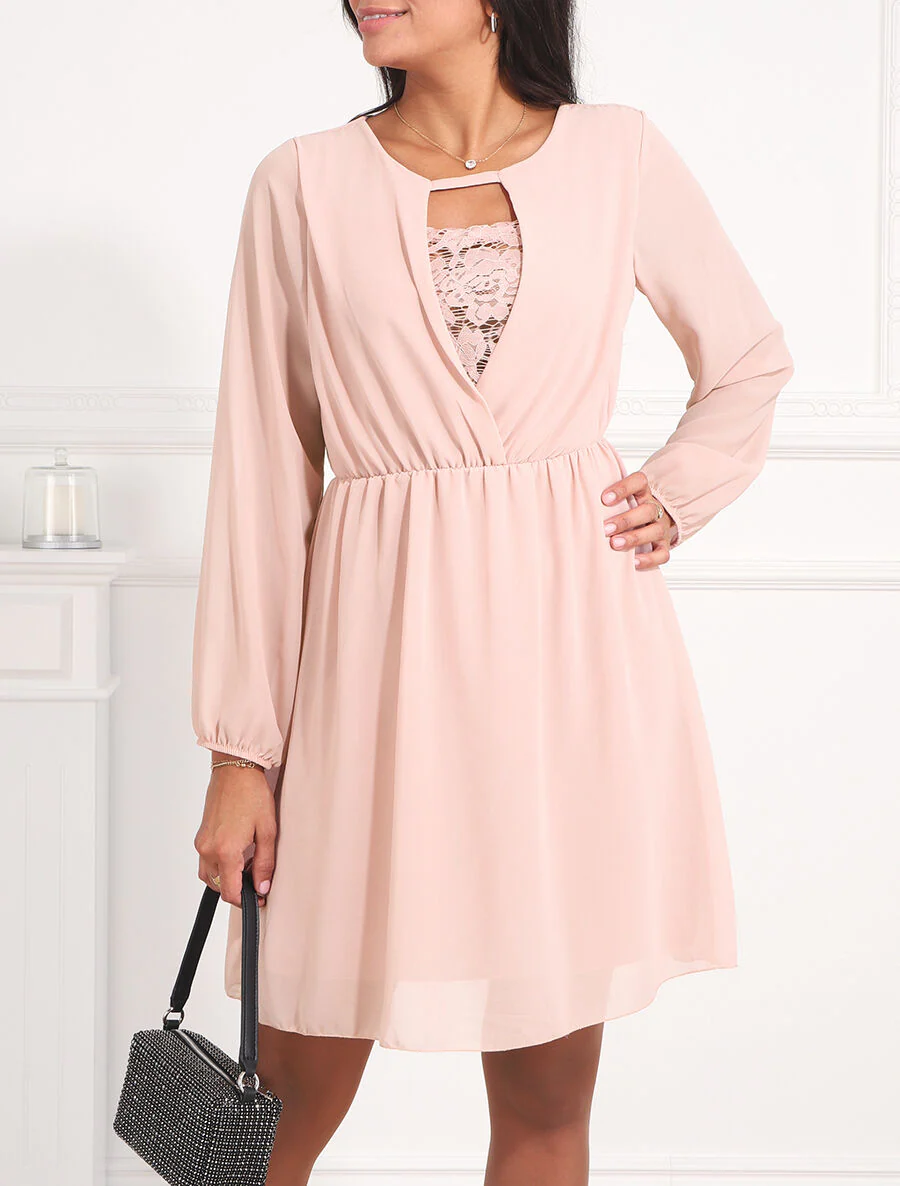 Robe taille élastiquée à détail dentelle - Rose - Image 4