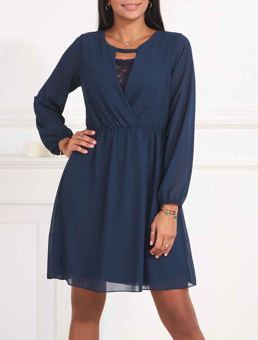 Robe taille élastiquée à détail dentelle - Marine - Image 4