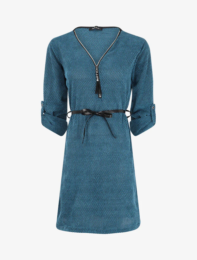 Robe texturée à col V zippé avec pampille - Bleu