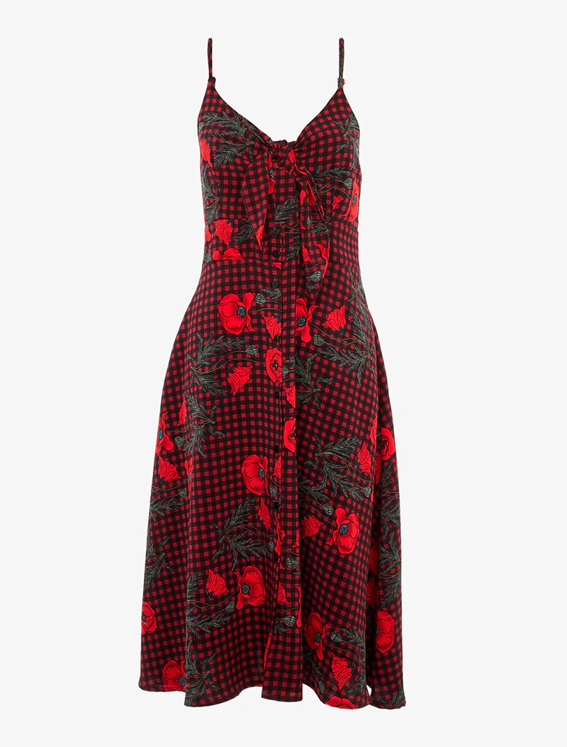 Robe trapèze à carreaux et fleurs - rouge/noir