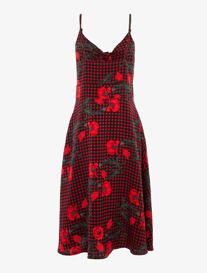 Robe trapèze à carreaux et fleurs - rouge/noir - Image 2