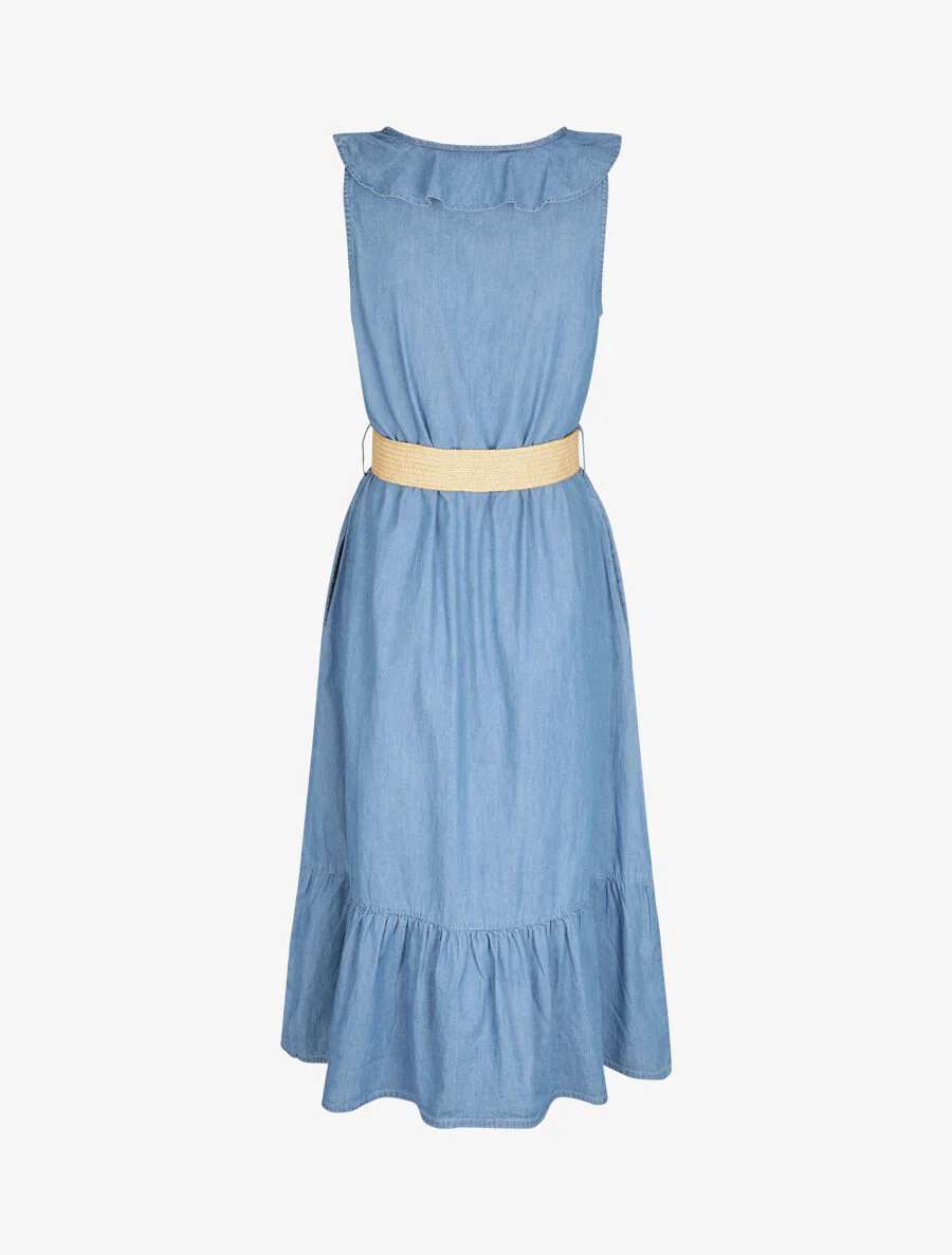 Robe trapèze en denim à col volanté - Bleu - Image 2