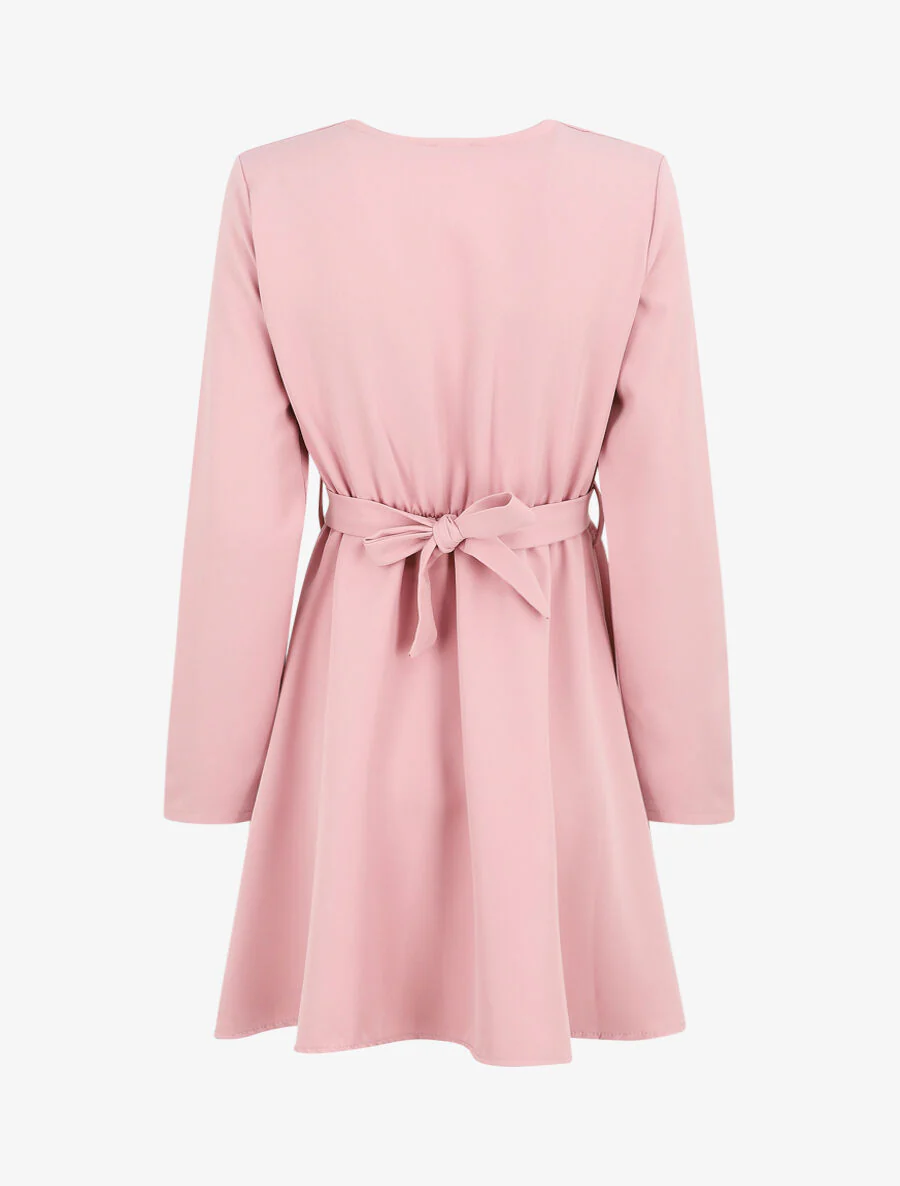 Robe uni à col cache-coeur - Rose poudré - Image 2